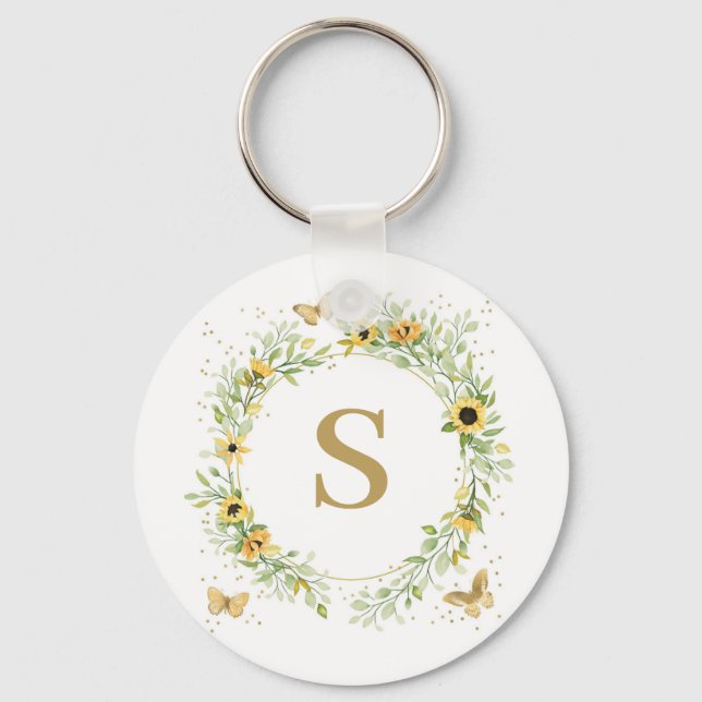 Llavero Monograma De Flor De Sol Con Mariposas (Anverso)