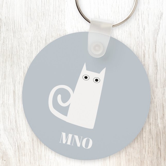 Llavero Monograma de gato blanco divertido (Fun white cat monogram personalized initial keychain)