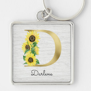 Llavero Monograma de girasol dorado Floral Inicial D