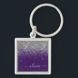 Llavero Monograma de Girly Glam Purpurina de Plata Púrpura<br><div class="desc">Cadena de claves de nombres de monograma (cadena de claves) con Purpurina de guijarros plateado y púrpura. Esto hace que el dulce perfecto cumpleaños 16, boda, ducha de novia, aniversario, ducha de bebé o fiesta de soltera sea regalo para alguien que ama el lujo glam y los estilos de moda....</div>