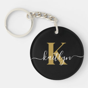 Llavero Monograma de guión de oro negro elegante