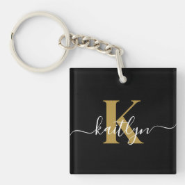 Llavero Monograma de guión de oro negro elegante