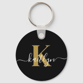 Llavero Monograma de guión de oro negro elegante