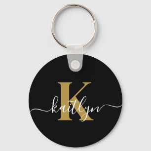Llavero Monograma de guión de oro negro elegante