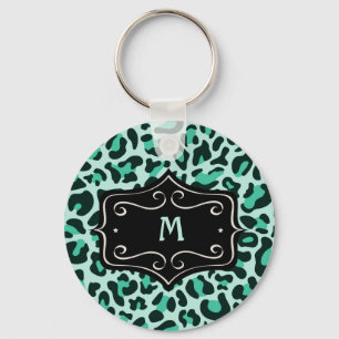 Llavero Monograma de Impresión de Leopardo Azul Acuático A