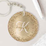 Llavero Monograma de impresión Metalizado con pincel de or<br><div class="desc">Personaliza fácilmente este diseño de moda de la cadena de teclas de la moda con un purpurina brillante de oro en bonito sobre un fondo metálico cepillado de oro.</div>