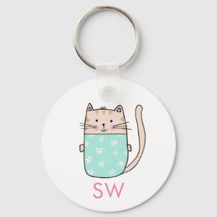 Llavero Monograma de iniciales de gato floral lindo