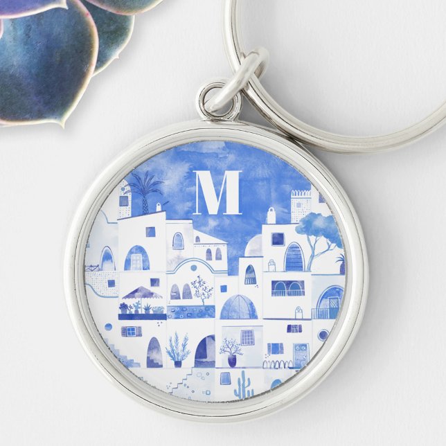 Llavero Monograma de la acuarela de Santorini Grecia (Monogram initial blue and white watercolor Oia Santorini keyring)