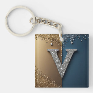 Llavero Monograma de la letra V con diamantes y perlas