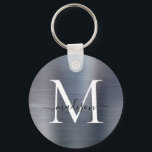 Llavero Monograma de letra script femenina de metal cepill<br><div class="desc">Llavero de monograma de letra script femenina de acero gris plateado metal cepillado</div>