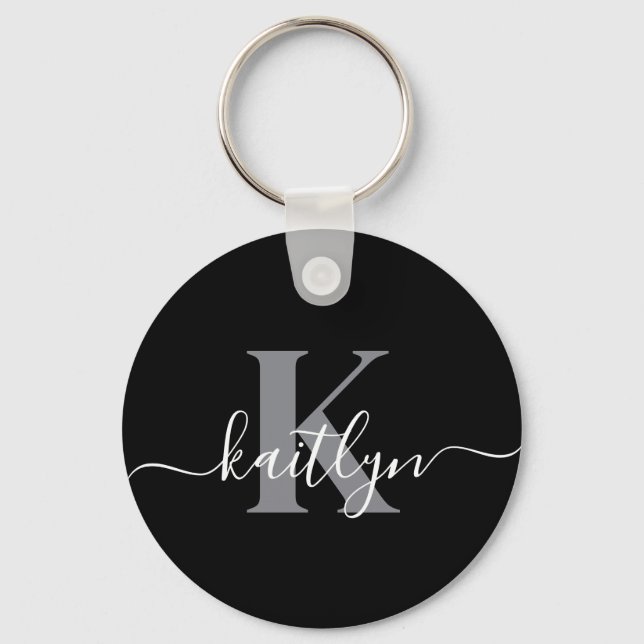 Llavero Monograma de letra script gris negro moderno (Anverso)