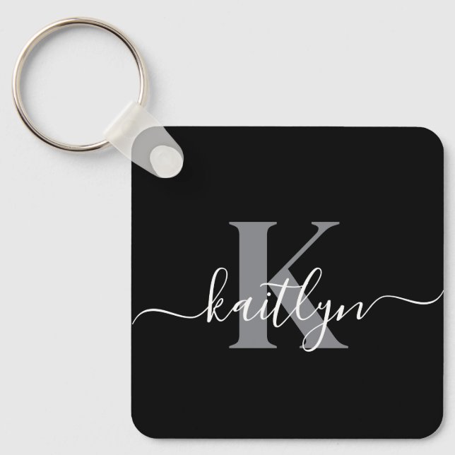 Llavero Monograma de letra script gris negro moderno (Anverso)