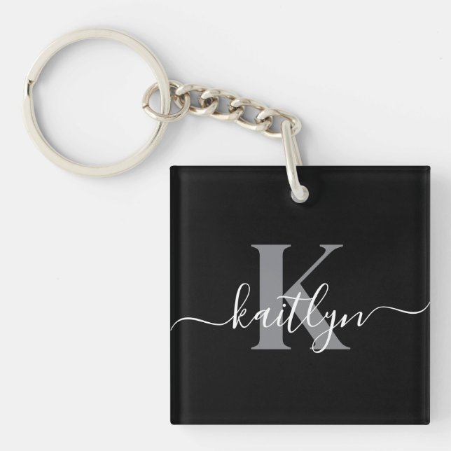 Llavero Monograma de letra script gris negro moderno (Frente)