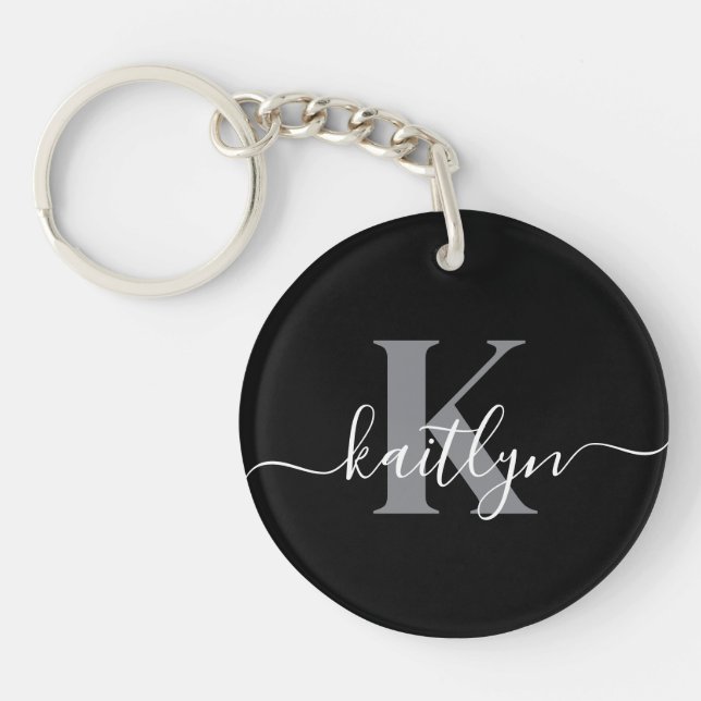 Llavero Monograma de letra script gris negro moderno (Frente)