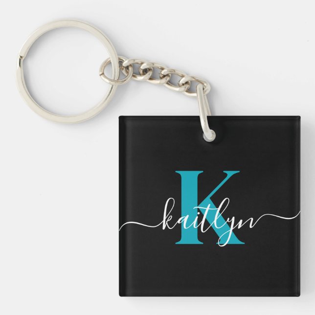 Llavero Monograma de letra script moderna negro turquesa (Frente)