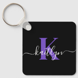 Llavero Monograma de letra script morado negro moderno