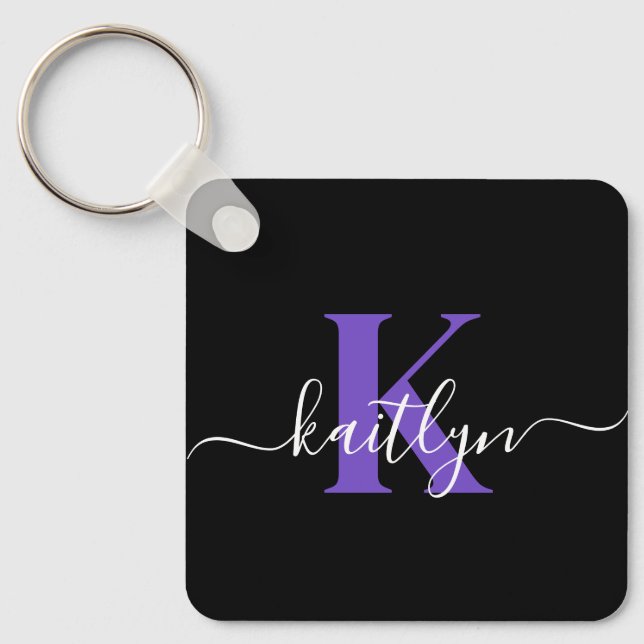 Llavero Monograma de letra script morado negro moderno (Anverso)