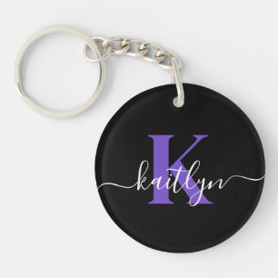 Llavero Monograma de letra script morado negro moderno