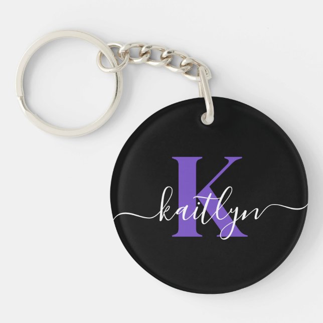 Llavero Monograma de letra script morado negro moderno (Frente)