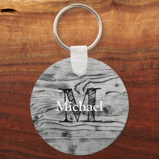 Llavero Monograma de madera quemada gris rústico vintage (Anverso)