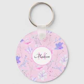 Llavero Monograma de mariposas florales en acuarela rosa