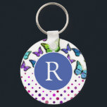 Llavero Monograma de mariposas y puntos de bonito<br><div class="desc">Cadena de teclas monogramada con mariposas de bonito y diseño de puntos en azul,  verde y púrpura.</div>