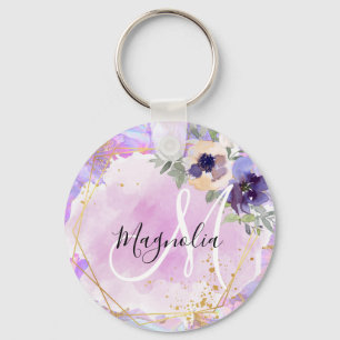 Llavero Monograma de Mármol Arcoíris Floral Púrpura, Rosa