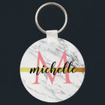 Llavero monograma de mármol blanco moderno<br><div class="desc">diseño de mármol moderno con diseño de color dorado y blanco con texto de nombre personalizado.</div>