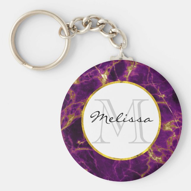 Llavero Monograma de mármol púrpura y dorado moderno (Frente)