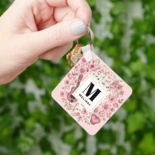 Llavero Monograma de Music Notes and Flowers Retro Style