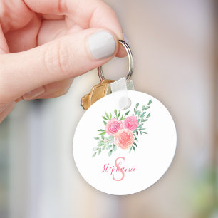 Llavero Monograma de nombre acuarela floral rosa