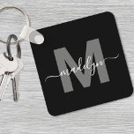 Llavero Monograma de nombre blanco negro<br><div class="desc">Crea tu propia y elegante cadena de teclas cuadradas de monograma blanco y negro Personalizado moderno. Esta elegante cadena de teclas cuadradas le aporta un toque moderno y personalizado a sus productos de primera necesidad. El diseño presenta un monograma gris en negrita centrado inicialmente en un fondo negro sólido, con...</div>