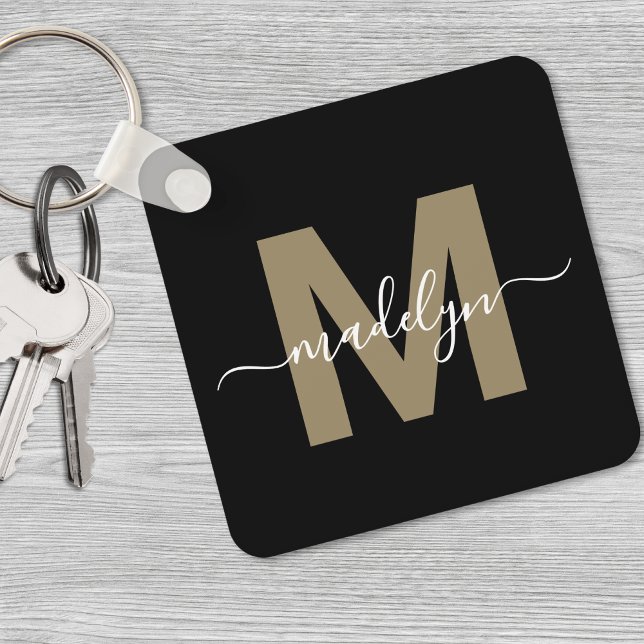 Llavero Monograma de nombre elegante de oro negro (Black Gold Elegant Name Monogram keychain)