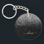 Llavero Monograma de nombre femenino con brillo negro plat<br><div class="desc">Llavero de monograma de nombre con brillo negro y plateado. Este es el regalo perfecto para cumpleaños dulces 16,  boda,  ducha de novia,  aniversario,  ducha de bebé o fiesta de despedida de soltera para alguien que ama el lujo glamoroso y los estilos chic.</div>
