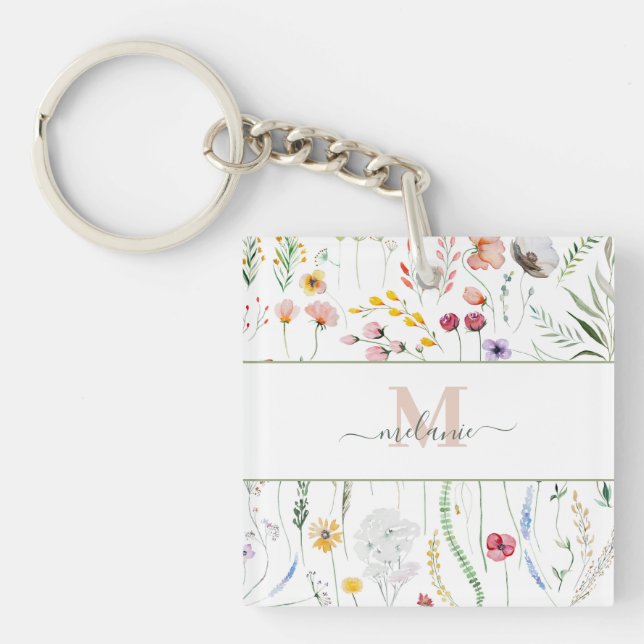Llavero Monograma de nombre personalizado Boho Wildflowers (Frente)