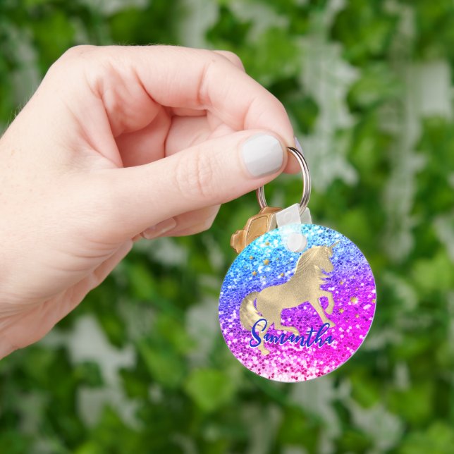 Llavero Monograma de oro de arcoiris Purpurina rosa unicor (Mano)