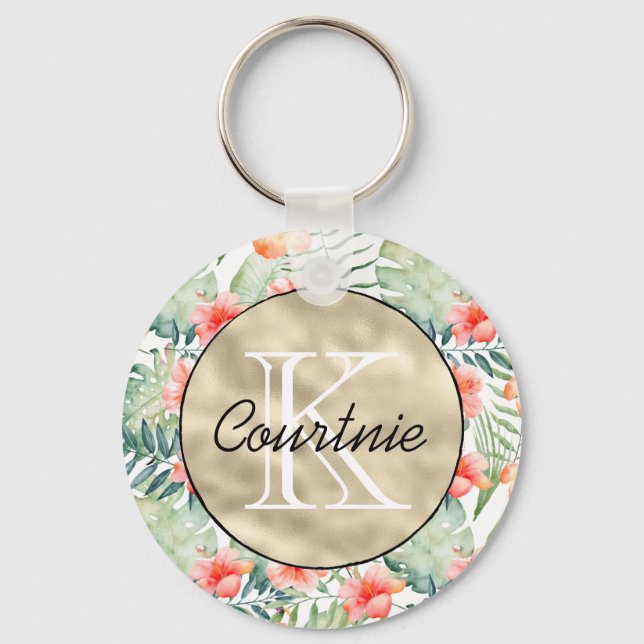 Llavero Monograma de oro floral rosa trópico Hibiscus (Anverso)