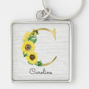 Llavero Monograma de oro Girasol Femenino Floral Inicial C