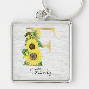 Llavero Monograma de oro Girasol Femenino Floral Inicial F
