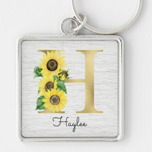 Llavero Monograma de oro Girasol Femenino Floral Inicial H