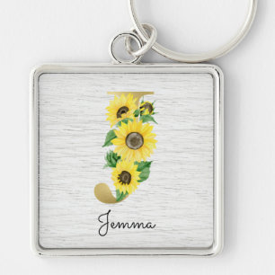 Llavero Monograma de oro Girasol Femenino Floral Inicial J
