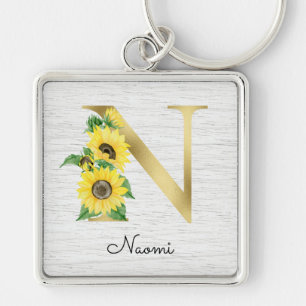 Llavero Monograma de oro Girasol Femenino Floral Inicial N