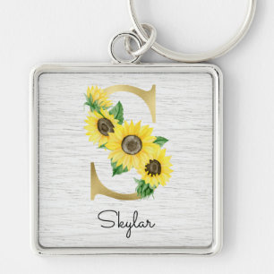 Llavero Monograma de oro Girasol Femenino Floral Inicial S