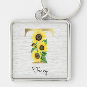 Llavero Monograma de oro Girasol Femenino Floral Inicial T