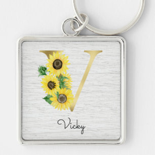 Llavero Monograma de oro Girasol Femenino Floral Inicial V