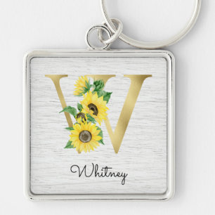 Llavero Monograma de oro Girasol Femenino Floral Inicial W