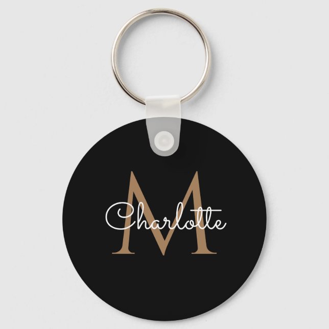 Llavero Monograma de oro negro elegante letra script femen (Anverso)