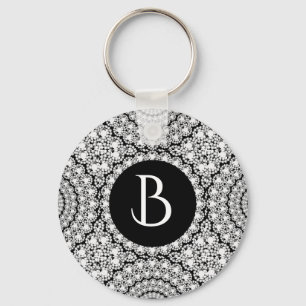 Llavero Monograma de patrón de círculo de diamantes blanco