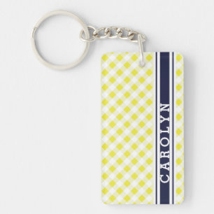 Llavero monograma de patrón de gingham de la marina preppy