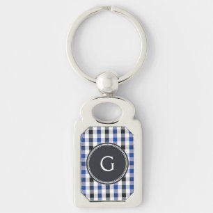 Llavero monograma de patrón de gingham negro azul preppy m